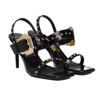 Versace Jeans Couture Black Studded High-Heel Sandals with Gold Buckle Detail