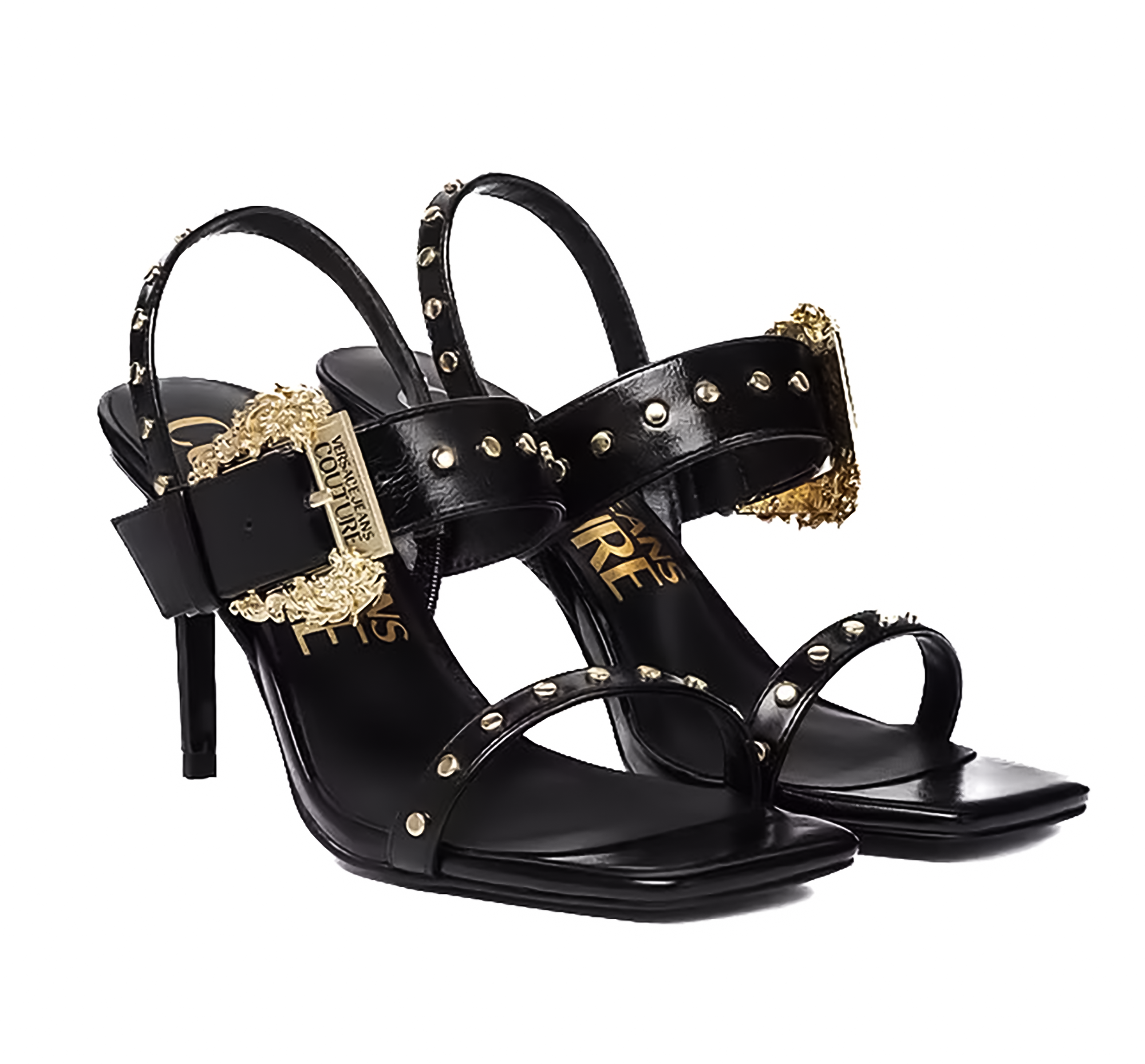 Versace Jeans Couture Black Studded High-Heel Sandals with Gold Buckle Detail
