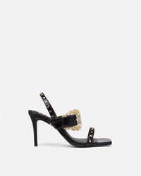 Versace Jeans Couture Black Studded High-Heel Sandals with Gold Buckle Detail
