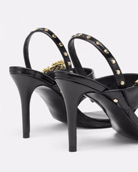 Versace Jeans Couture Black Studded High-Heel Sandals with Gold Buckle Detail