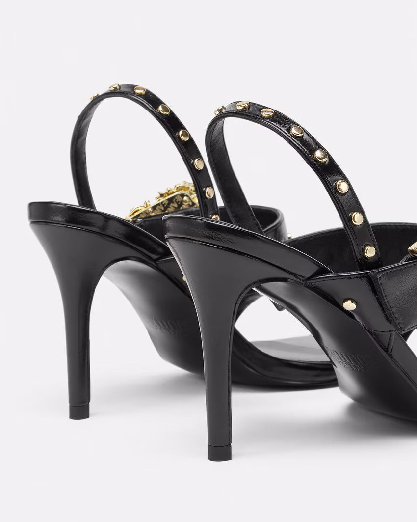 Versace Jeans Couture Black Studded High-Heel Sandals with Gold Buckle Detail