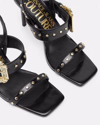 Versace Jeans Couture Black Studded High-Heel Sandals with Gold Buckle Detail