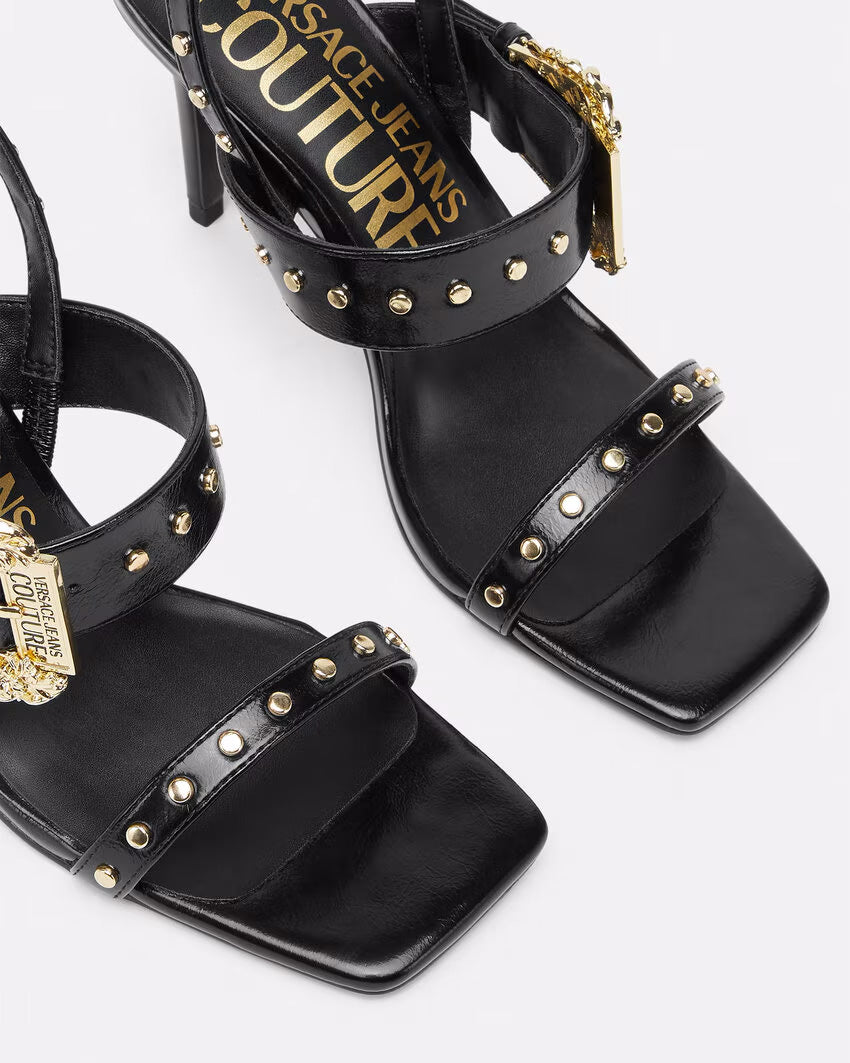 Versace Jeans Couture Black Studded High-Heel Sandals with Gold Buckle Detail