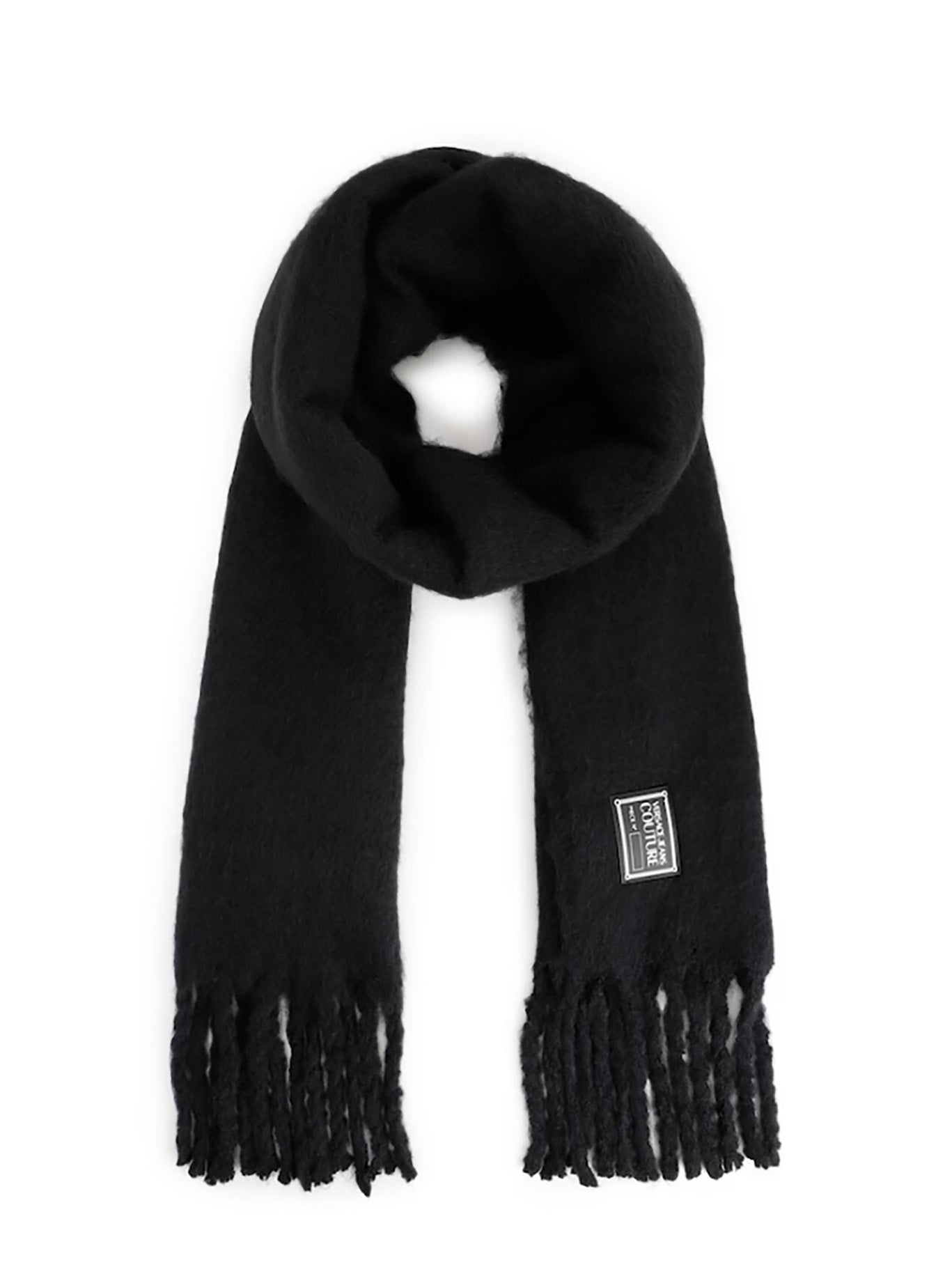 Versace Jeans Couture Black Soft Scarf with Logo Patch & Fringe Finish