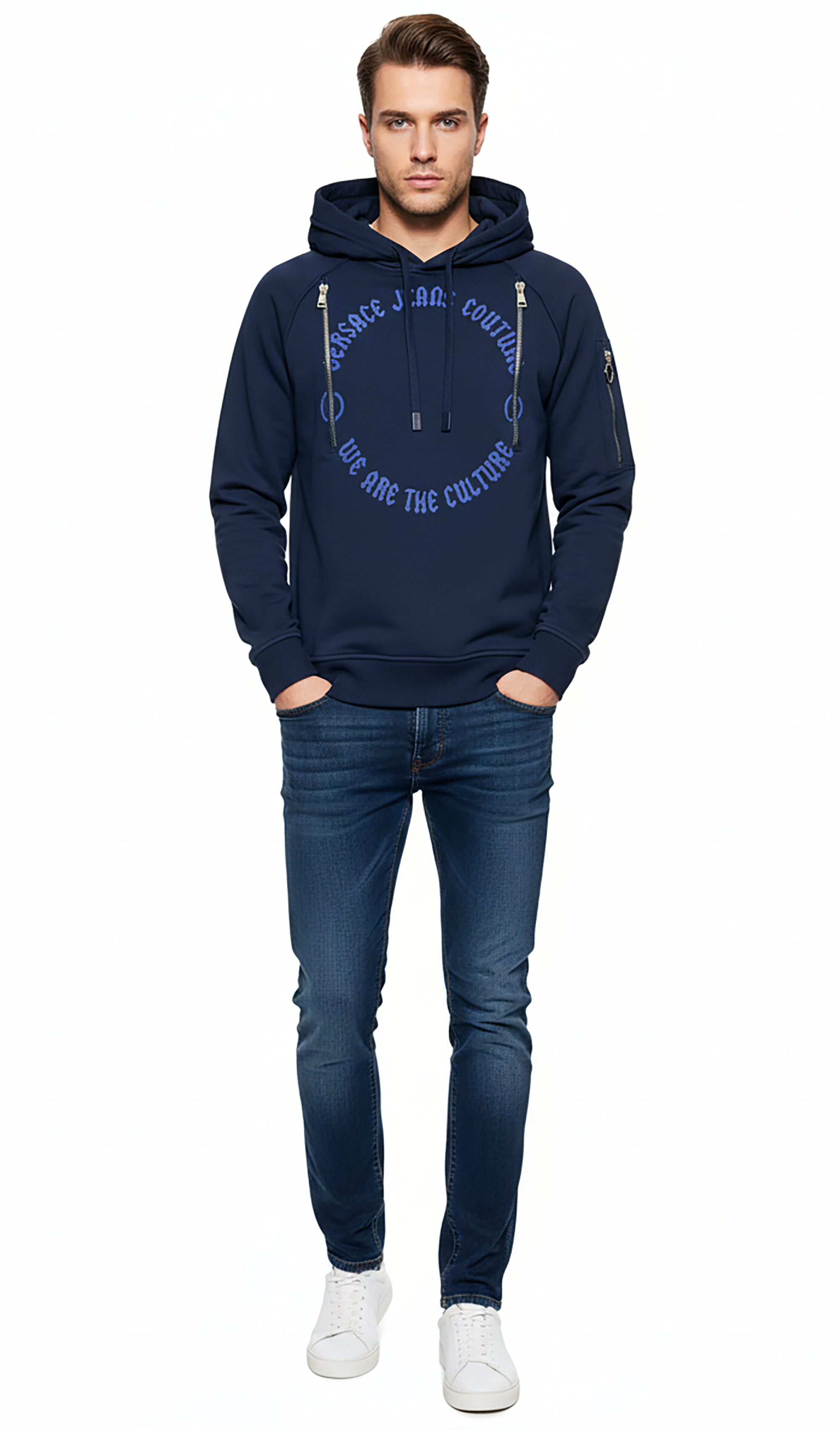 Versace Jeans Couture Steel Blue Cotton Mens Signature Statement Print Hoodie