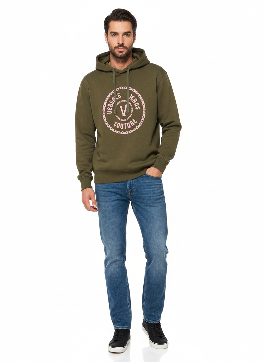 Versace Jeans Couture Olive Cotton Mens Pink Chain Printed Hoodie