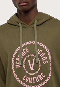 Versace Jeans Couture Olive Cotton Mens Pink Chain Printed Hoodie