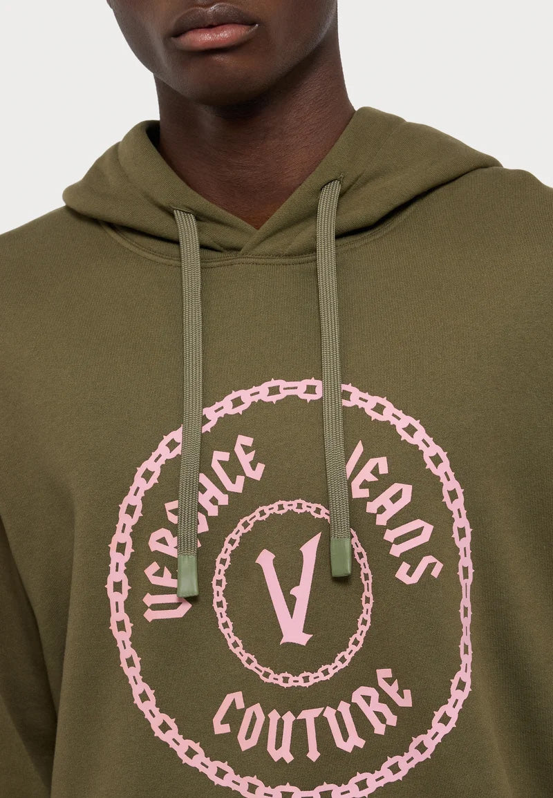 Versace Jeans Couture Olive Cotton Mens Pink Chain Printed Hoodie