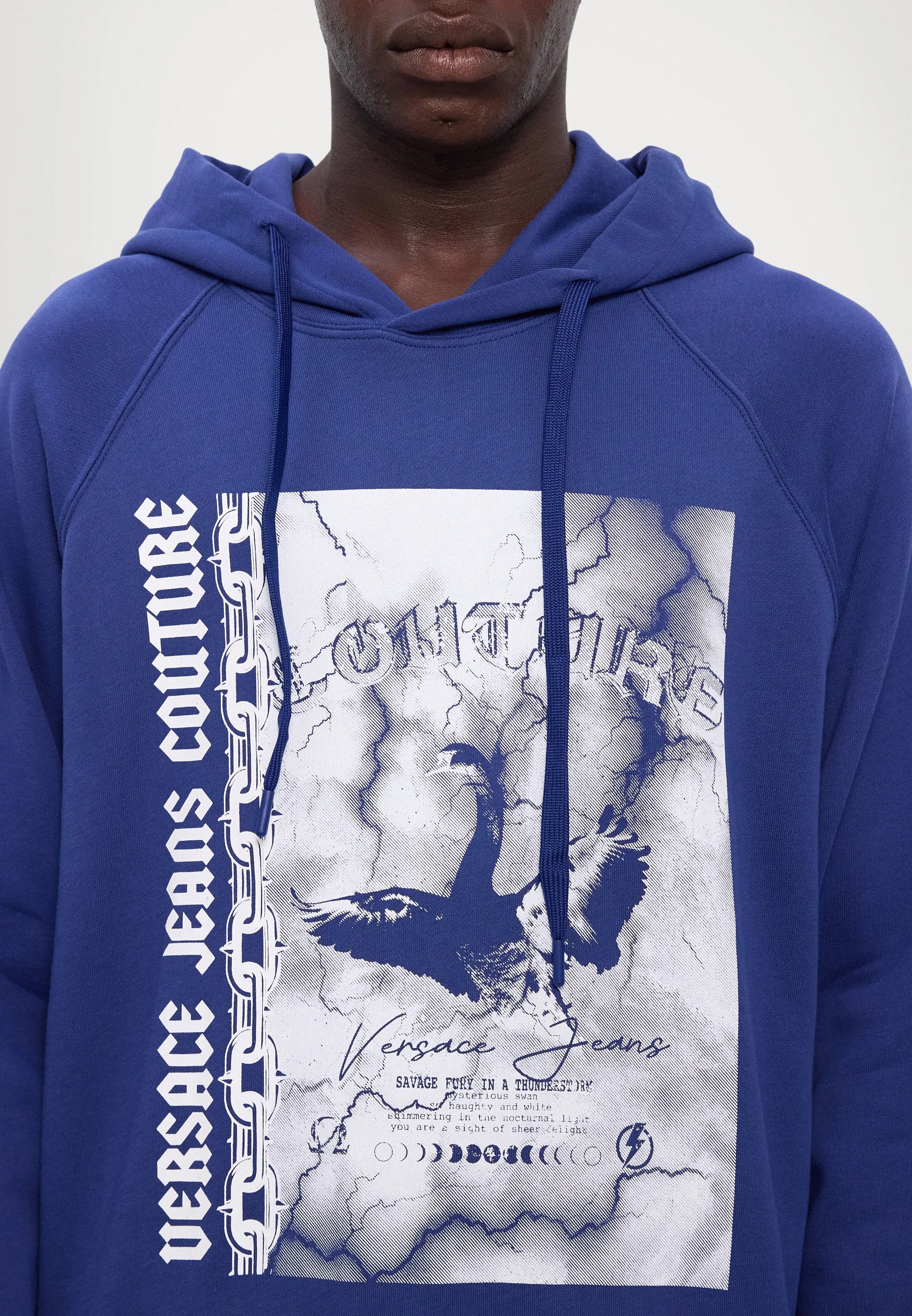 Versace Jeans Couture Steel Blue Cotton Mens Eagle Chain Print Hoodie