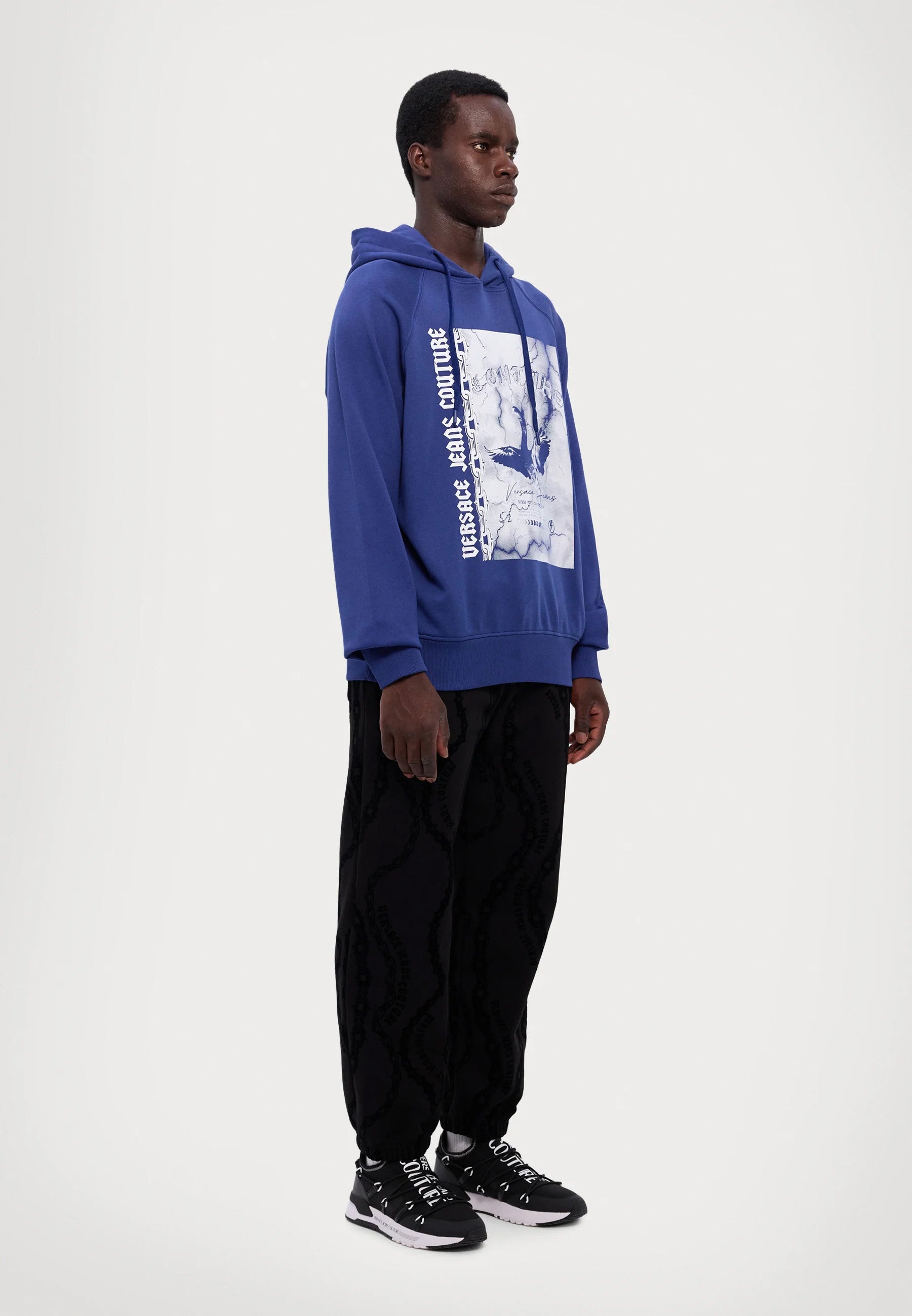 Versace Jeans Couture Steel Blue Cotton Mens Eagle Chain Print Hoodie