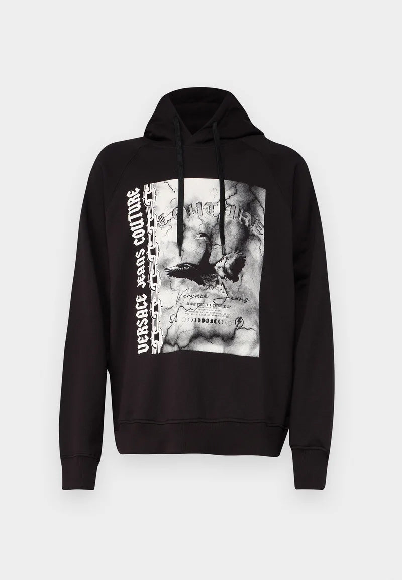Versace Jeans Couture Black Cotton Mens Eagle Chain Print Hoodie
