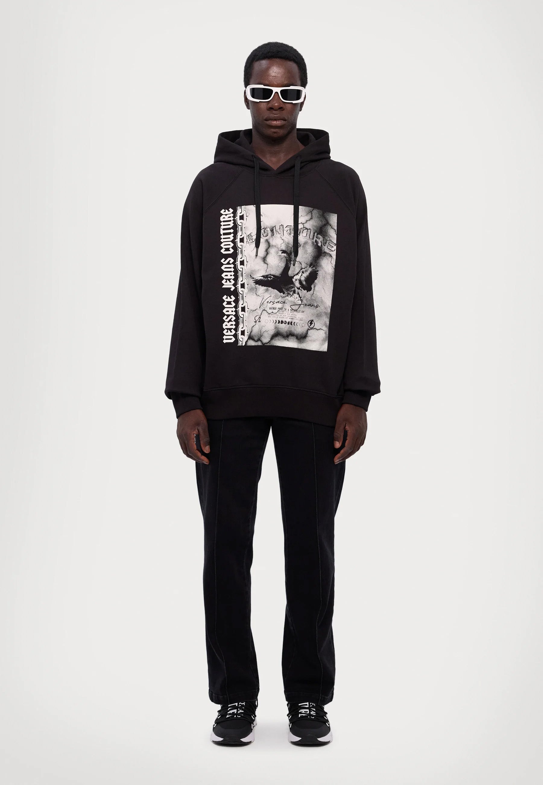 Versace Jeans Couture Black Cotton Mens Eagle Chain Print Hoodie