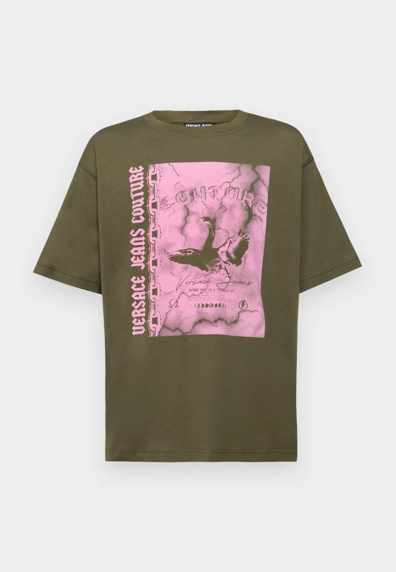 Versace Jeans Couture Olive Mens Graphic Storm-Print Oversized T-Shirt