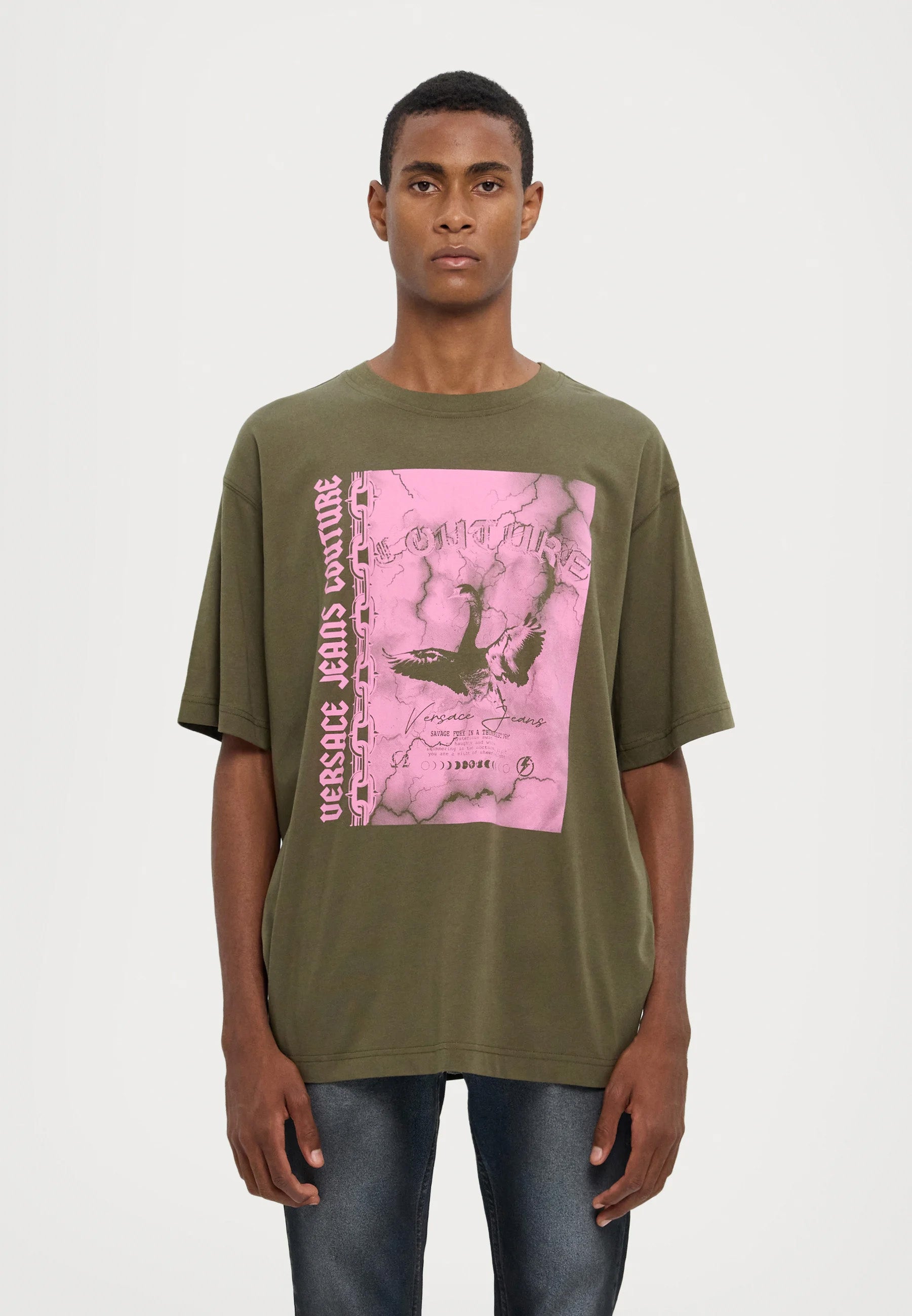 Versace Jeans Couture Olive Mens Graphic Storm-Print Oversized T-Shirt
