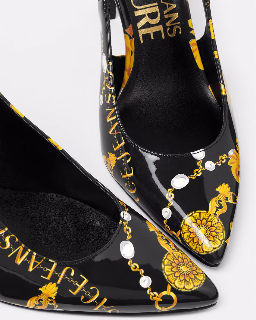 Versace Jeans Couture Black/Gold Baroque Print Slingback Heels-