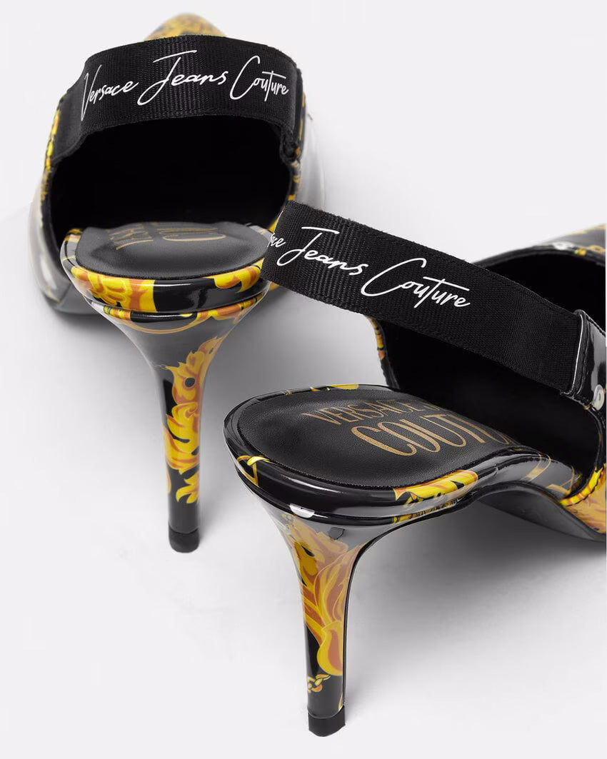 Versace Jeans Couture Black/Gold Baroque Print Slingback Heels-