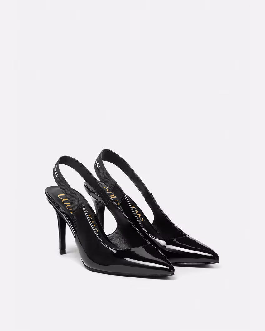 Versace Jeans Couture Black Sleek Signature Print Slingback Heels-
