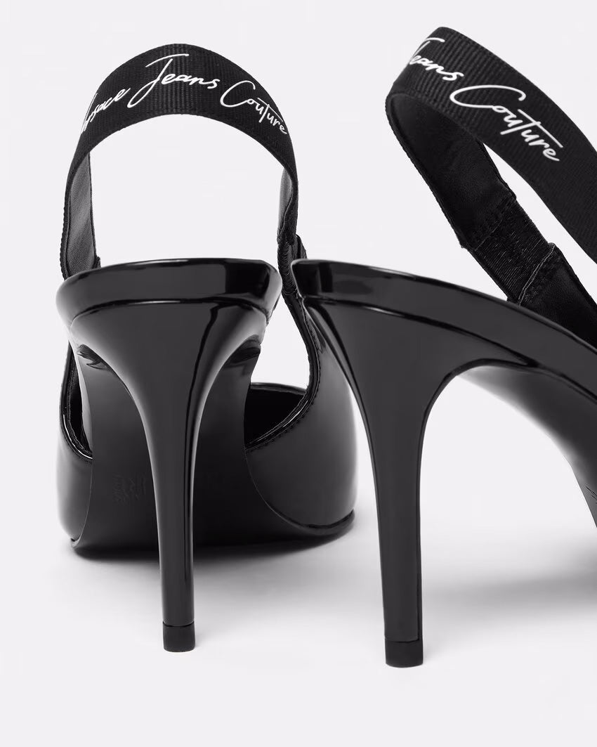 Versace Jeans Couture Black Sleek Signature Print Slingback Heels-