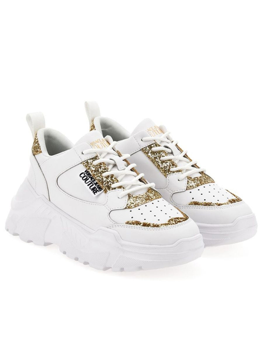 Versace Jeans Couture Chunky White Sneakers with Gold Glitter Detail