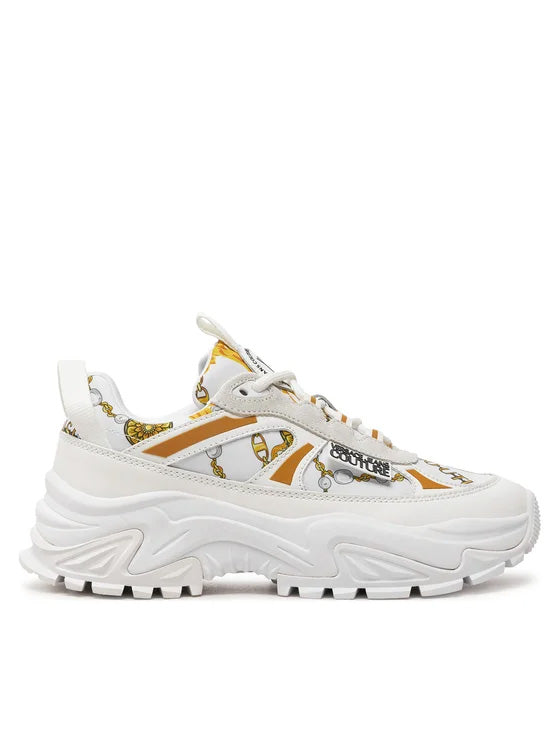 Versace Jeans Couture Chunky White Print Sneakers with Gold Chain Motif