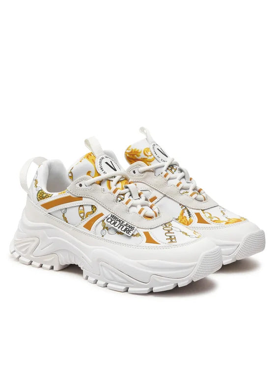 Versace Jeans Couture Chunky White Print Sneakers with Gold Chain Motif