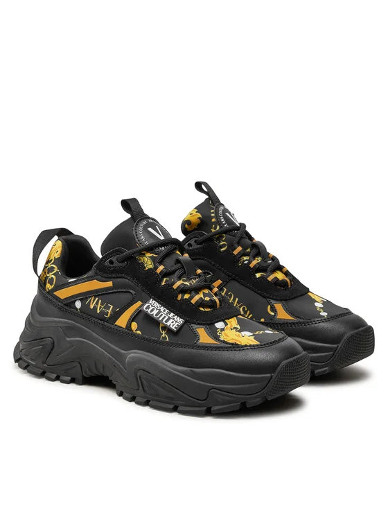 Versace Jeans Couture Chunky Baroque Print Sneakers in Black & Gold
