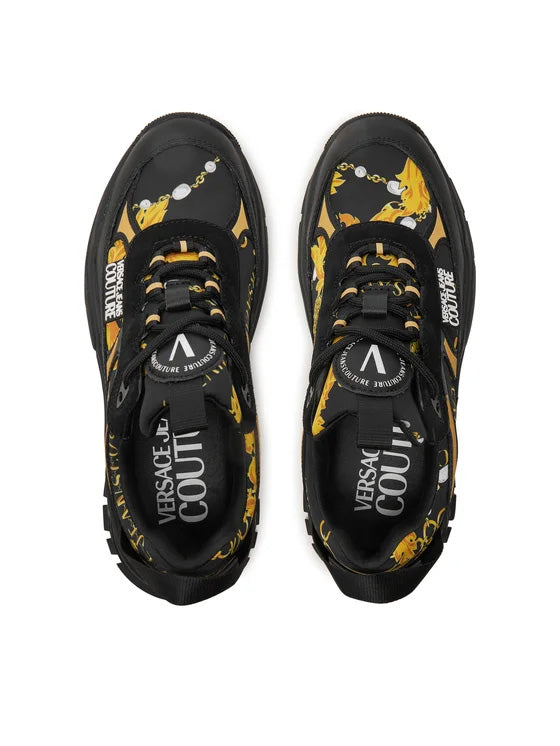 Versace Jeans Couture Chunky Baroque Print Sneakers in Black & Gold