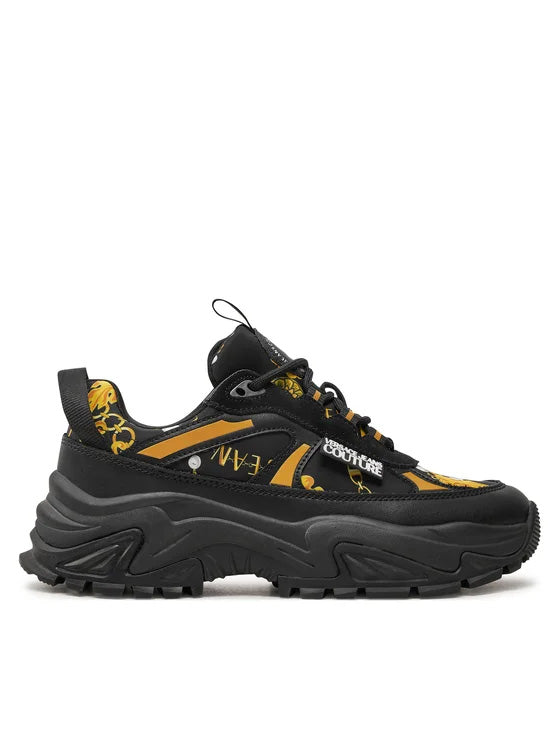 Versace Jeans Couture Chunky Baroque Print Sneakers in Black & Gold