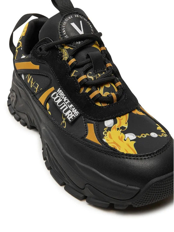Versace Jeans Couture Chunky Baroque Print Sneakers in Black & Gold