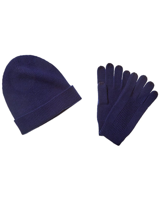 Qi Cashmere 2Pc Ribbed Cashmere Hat & Glove Set