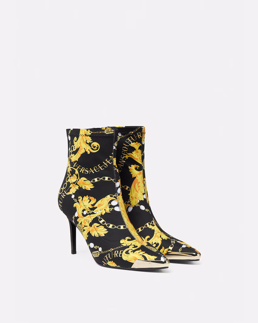 Versace Jeans Couture Black & Gold Baroque Print Heeled Ankle Boots-