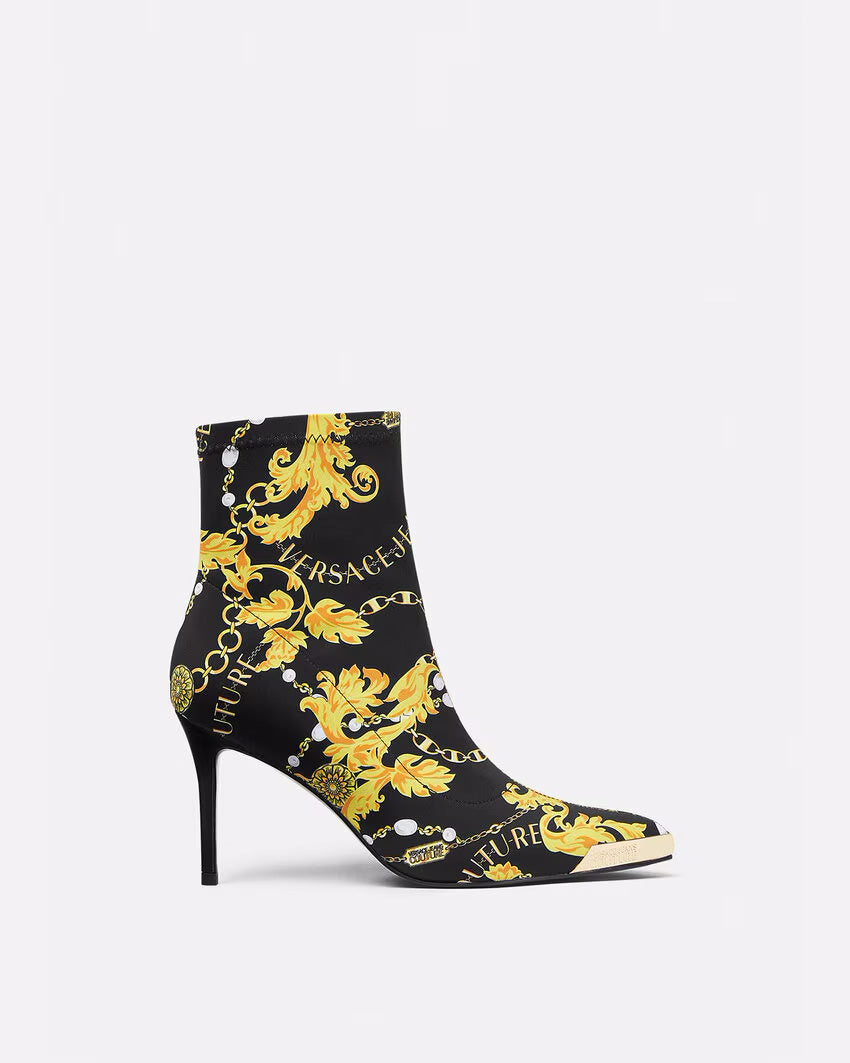 Versace Jeans Couture Black & Gold Baroque Print Heeled Ankle Boots-