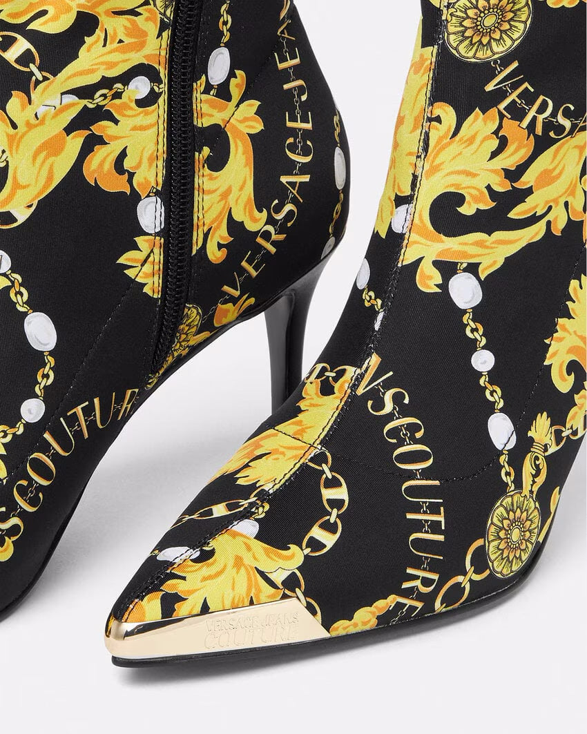 Versace Jeans Couture Black & Gold Baroque Print Heeled Ankle Boots-