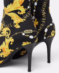 Versace Jeans Couture Black & Gold Baroque Print Heeled Ankle Boots-