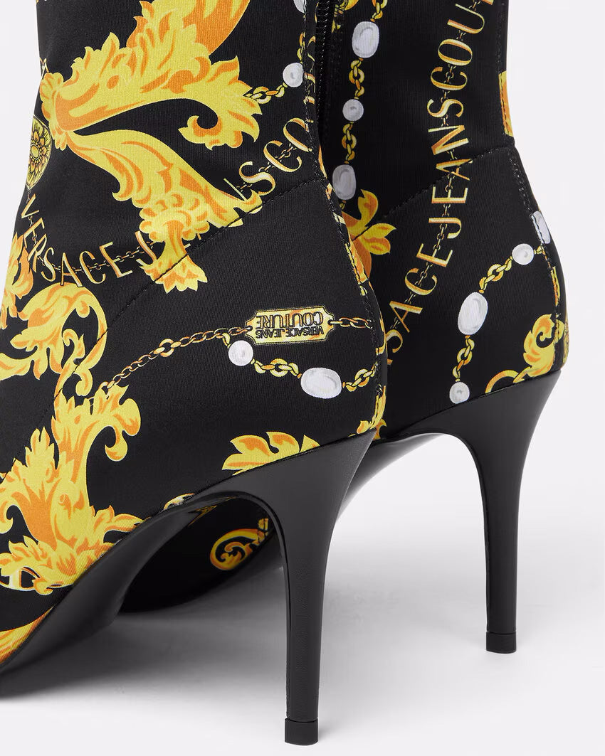 Versace Jeans Couture Black & Gold Baroque Print Heeled Ankle Boots-