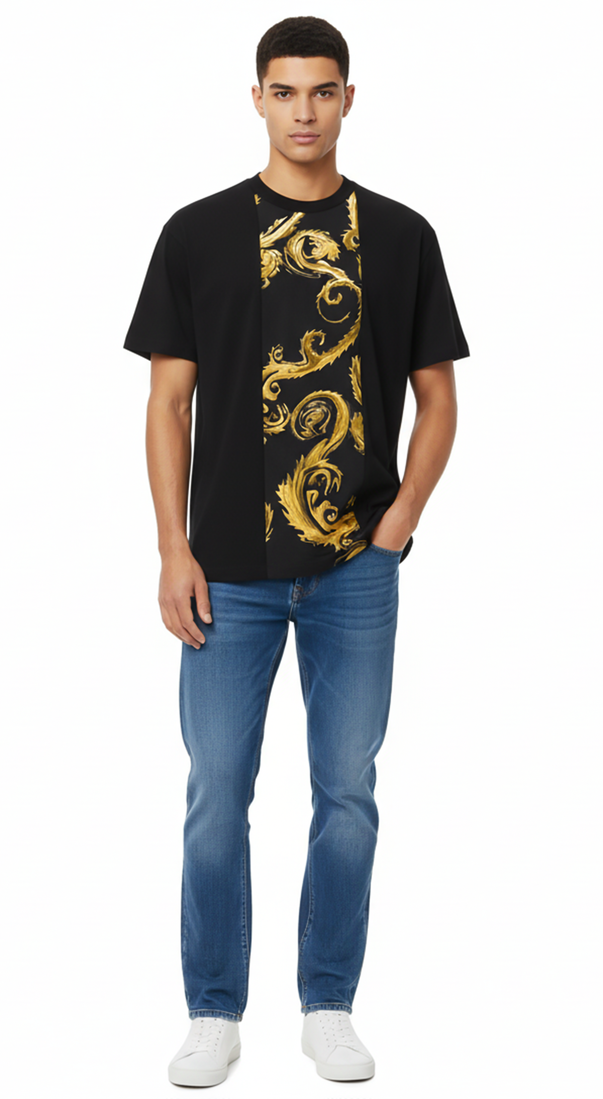 Versace Jeans Couture Black/Gold Mens Baroque Ornate Panel T-Shirt