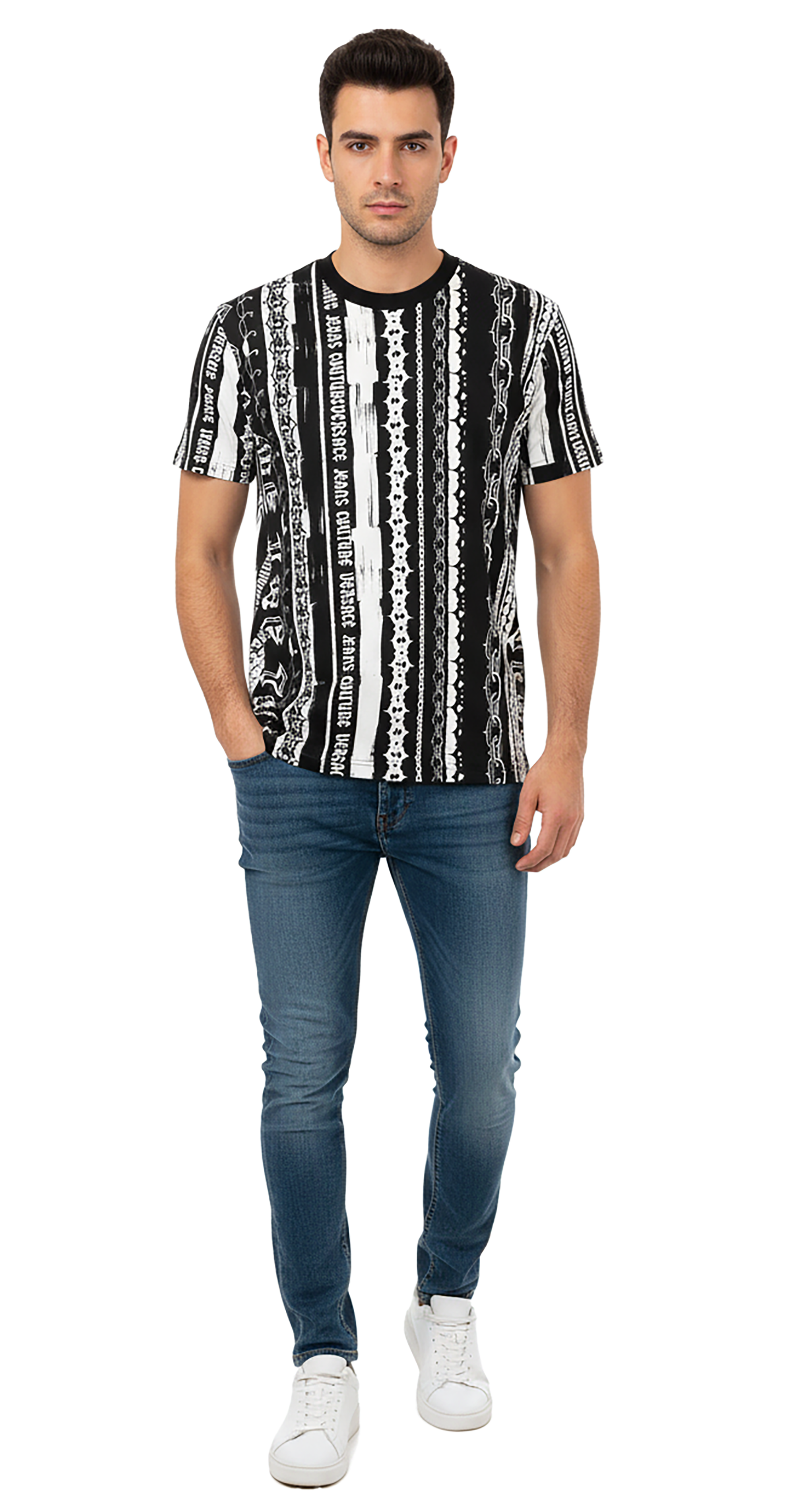 Versace Jeans Couture Black/White Mens Baroque Chain Print Panel T-Shirt