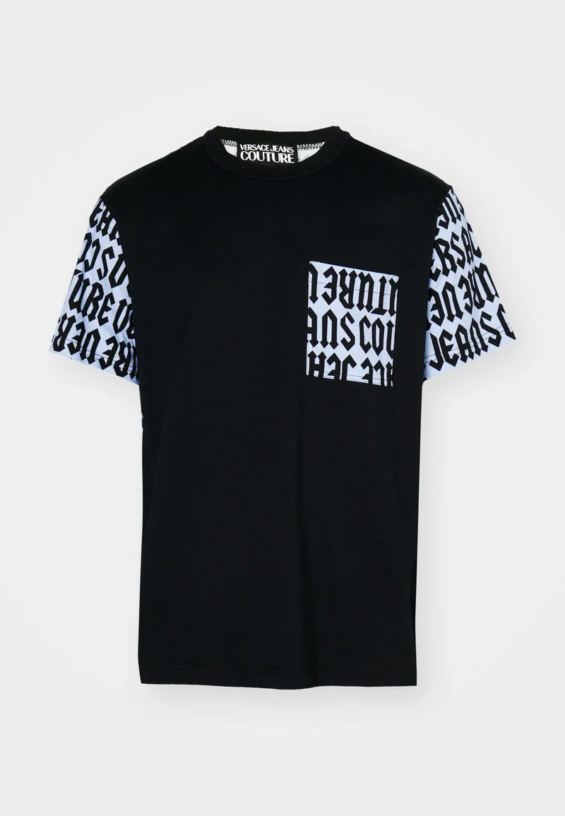 Versace Jeans Couture Black Mens Logo-Print Black T-Shirt with Blue Accents