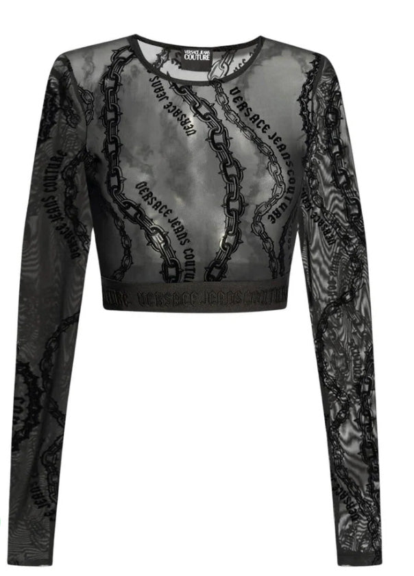 Versace Jeans Couture Black Long Sleeve Mesh Print Crop Top-