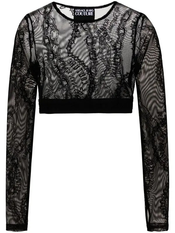 Versace Jeans Couture Black Long Sleeve Mesh Print Crop Top-