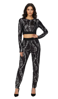Versace Jeans Couture Black Long Sleeve Chain Print Crop Top-