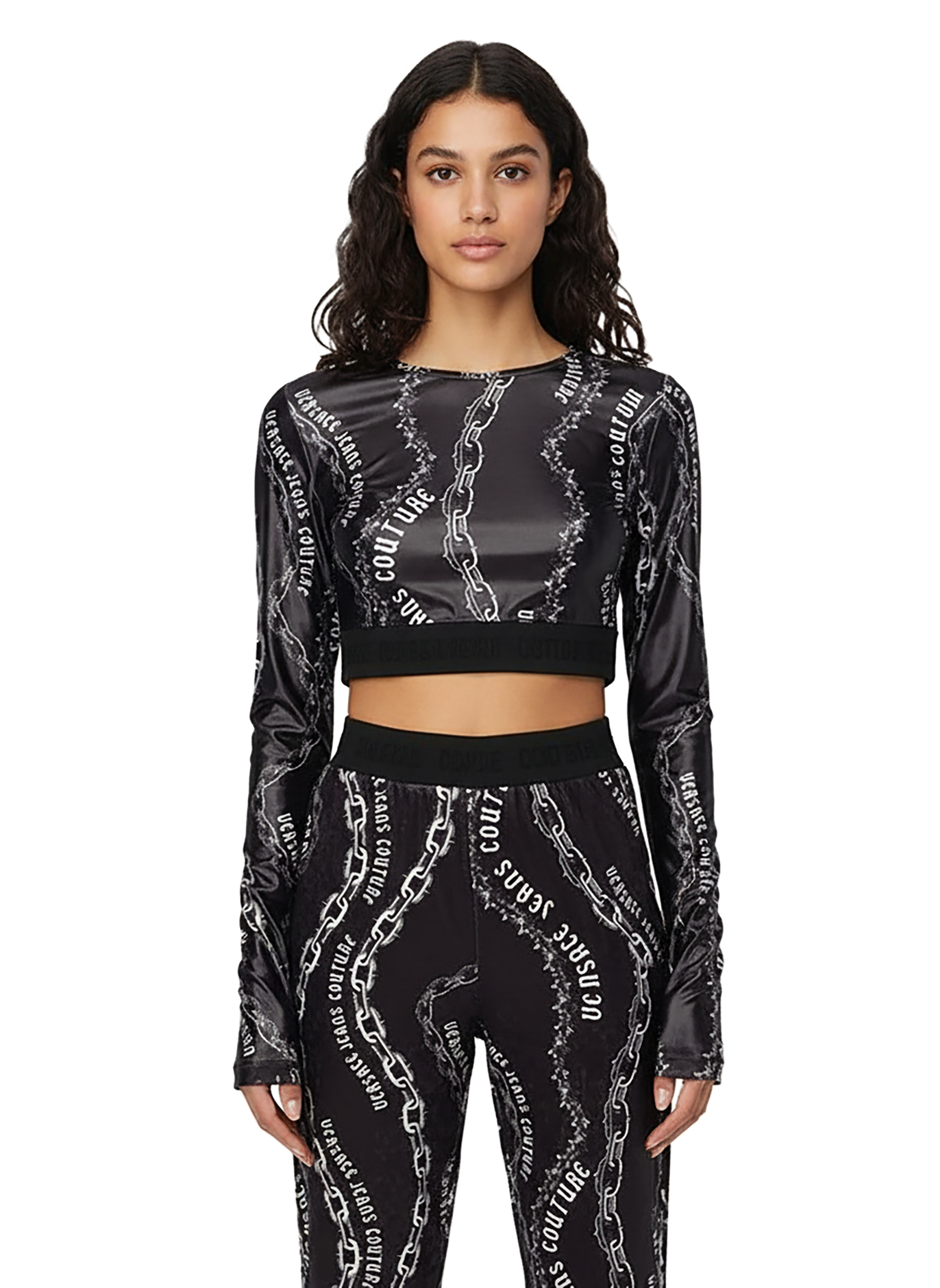 Versace Jeans Couture Black Long Sleeve Chain Print Crop Top-