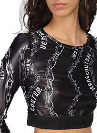 Versace Jeans Couture Black Long Sleeve Chain Print Crop Top-
