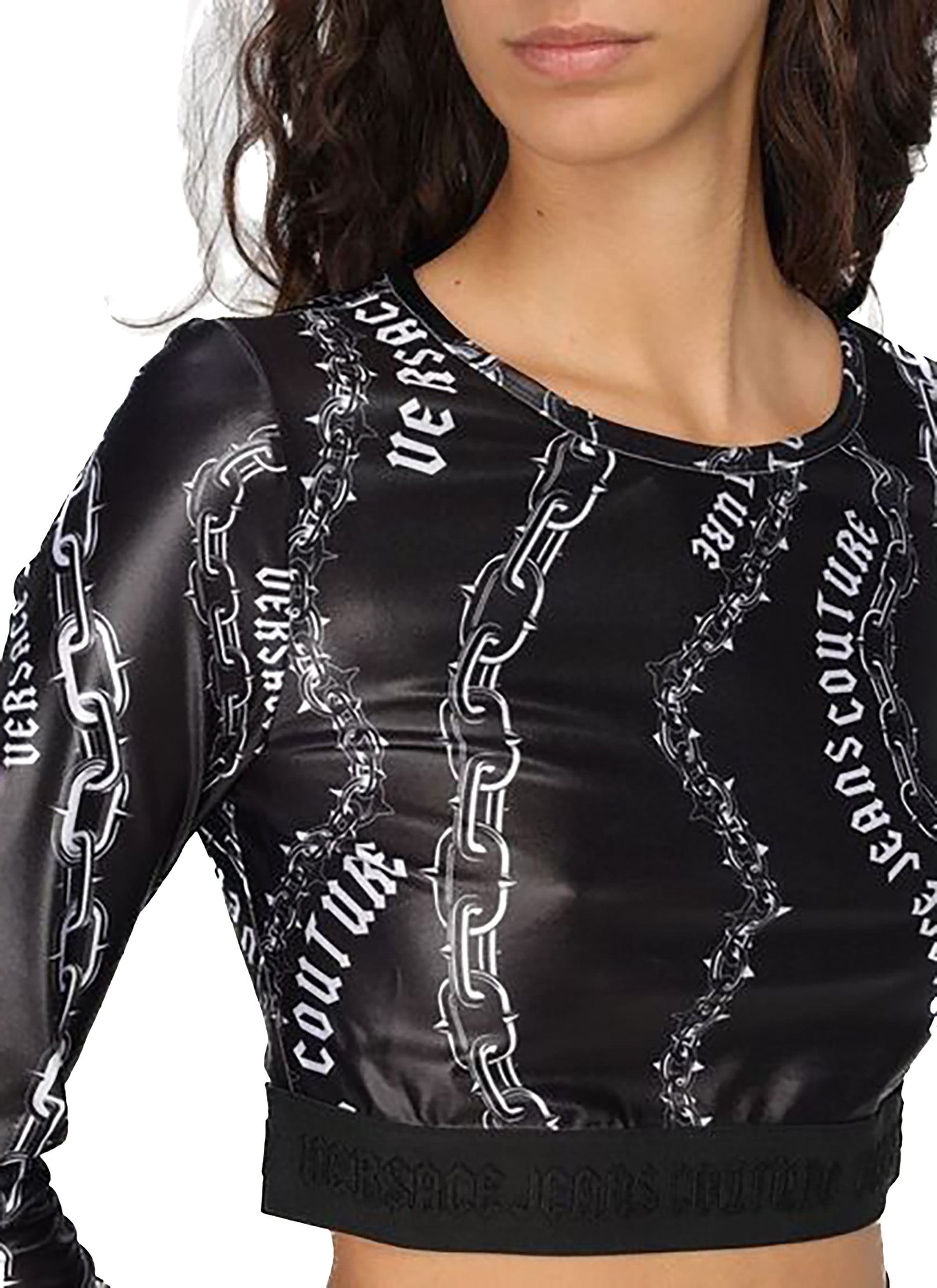 Versace Jeans Couture Black Long Sleeve Chain Print Crop Top-
