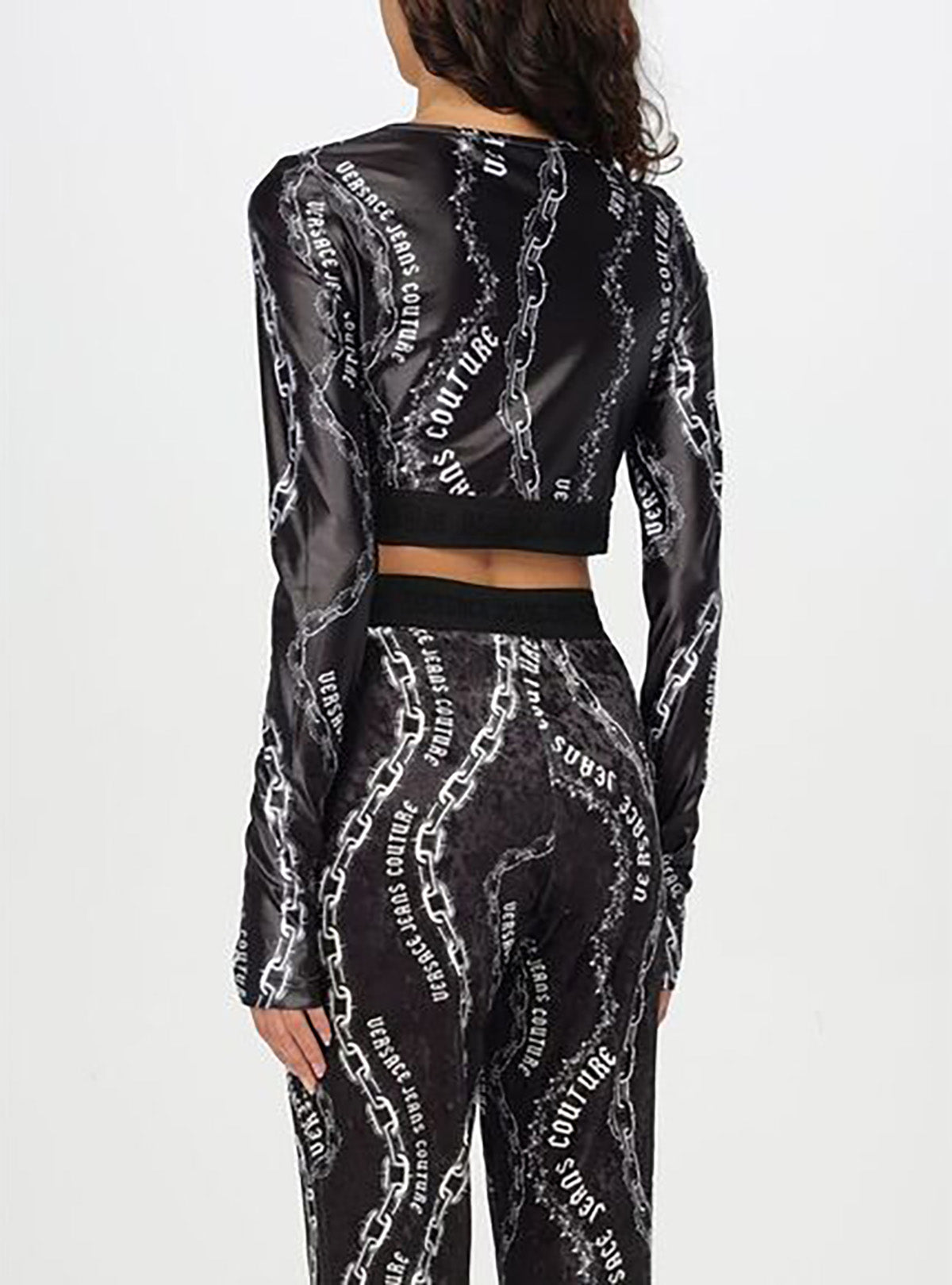 Versace Jeans Couture Black Long Sleeve Chain Print Crop Top-