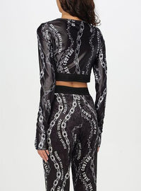 Versace Jeans Couture Black Long Sleeve Chain Print Crop Top-