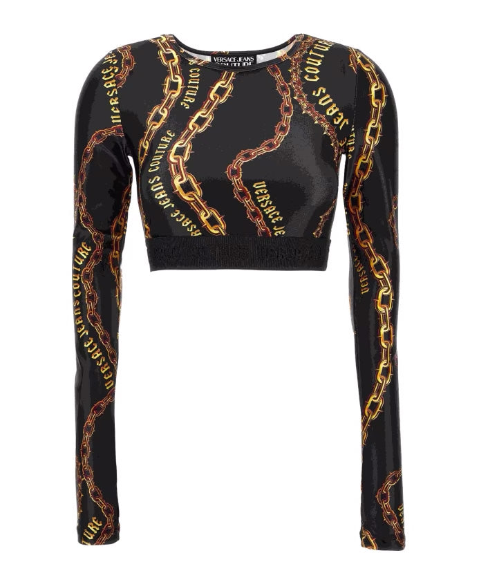 Versace Jeans Couture Black/Gold Long Sleeve Chain Print Crop Top-
