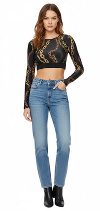 Versace Jeans Couture Black/Gold Long Sleeve Chain Print Crop Top-