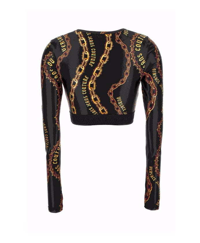 Versace Jeans Couture Black/Gold Long Sleeve Chain Print Crop Top-