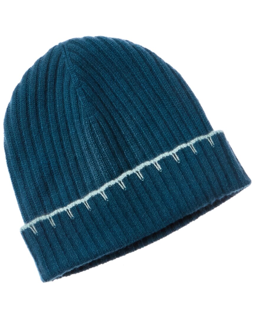 Hannah Rose Whipstitch Edge Ribbed Cashmere Hat Blue One Size